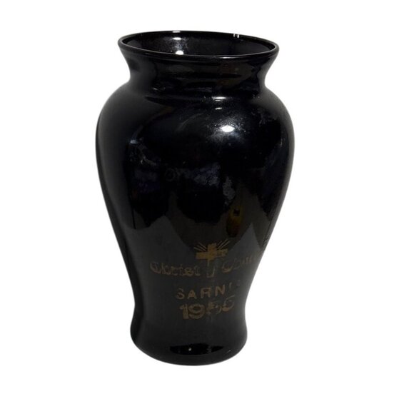 Vintage 1955 Christ Church Sarnia Black Glass Vase 7" Tall - Picture 1 of 9